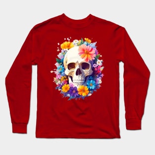 Yet Another Skull With Flowers 2! - Watercolor - AI Art Long Sleeve T-Shirt